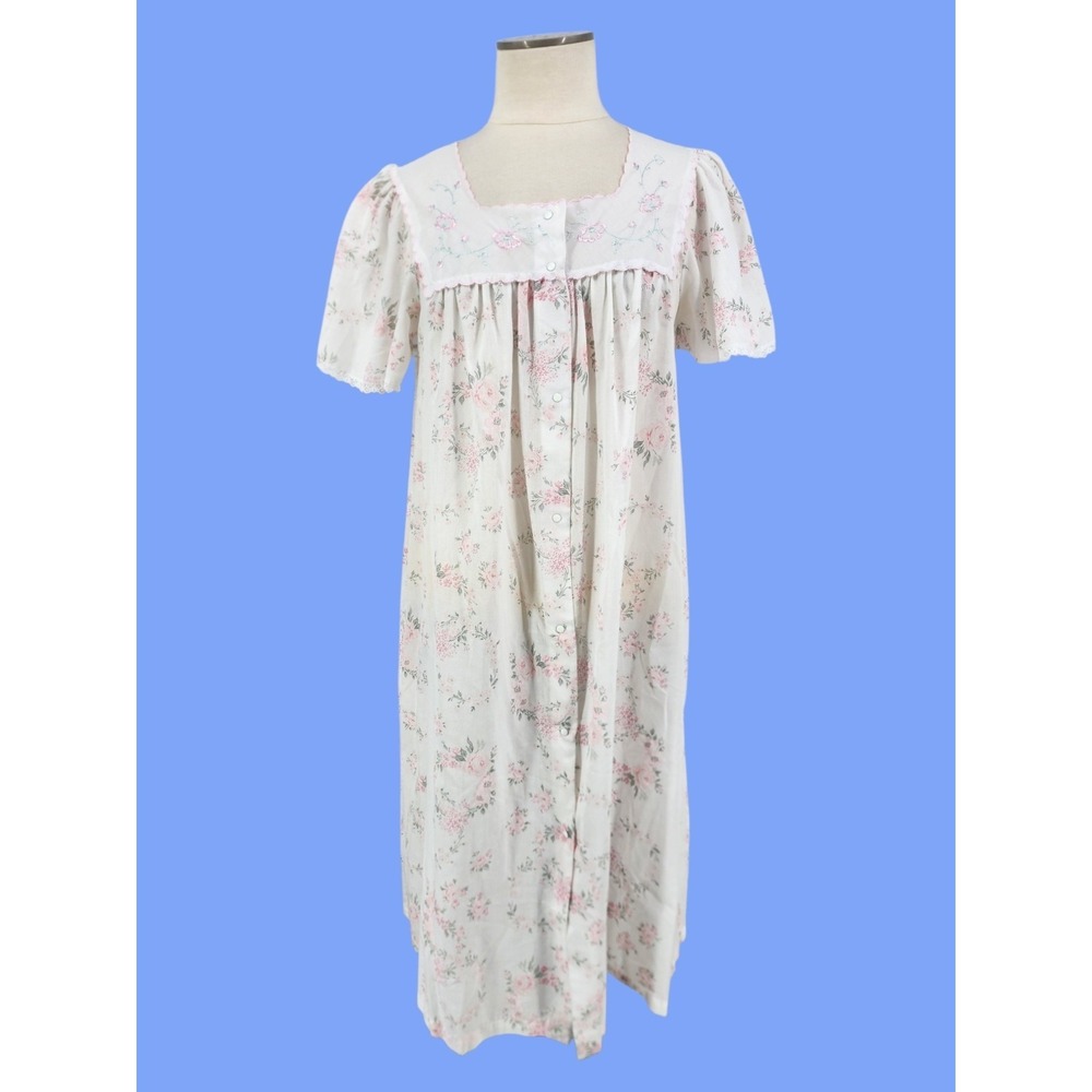 Vintage Floral Cotton Nightgown Womens Puff Sleeve Lace Trim Cottagecore Sleep